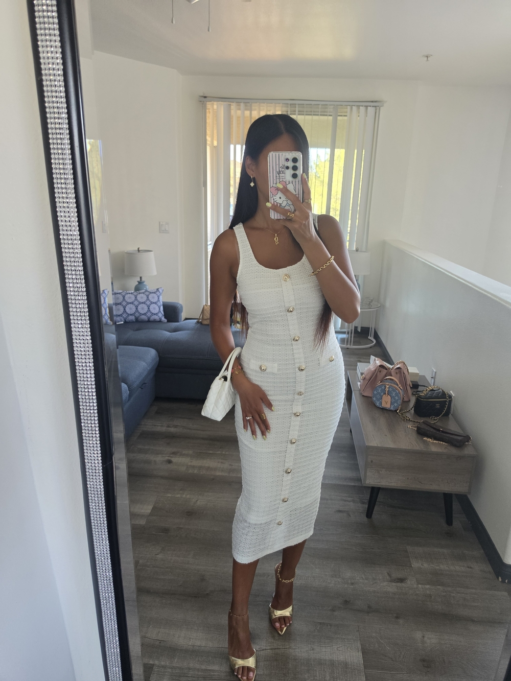 Classic White Button-Front Tweed Midi Dress - Picture 6 of 16